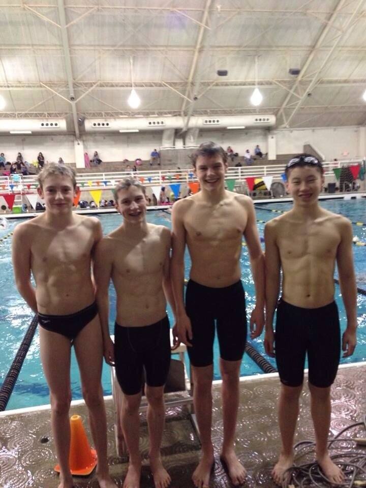 The Tualatin HIlls Swim Club foursome of (L-R) Caspar Corbeau, Nate McFaul, Trent Martinez, and David Liu broke two National Age Group Records